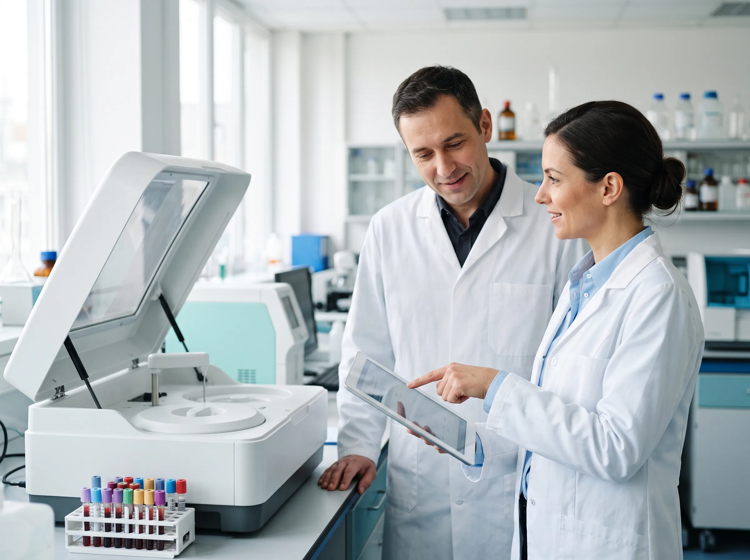 Asesora científica con tableta atendiendo a un cliente junto a un analizador bioquímico de mesa